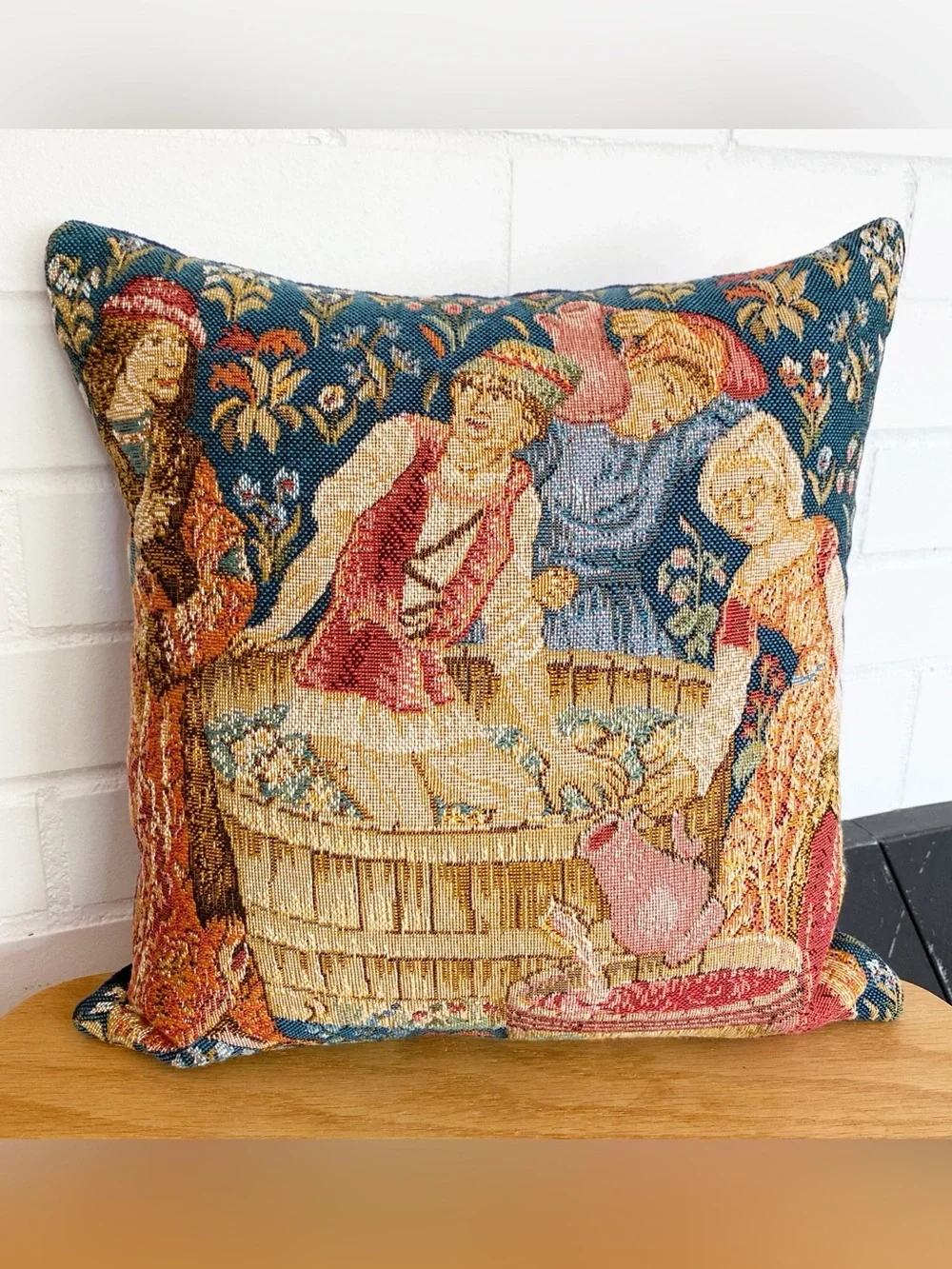 Vintage French Tapestry Pillow Wine Press 12x12 Throw Decorative Velvet Medieval